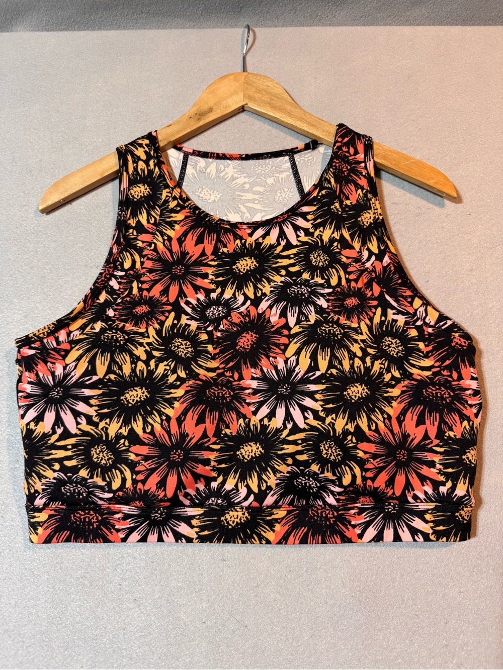 POP Fit Floral Crop Tank Top - Black with Coral & Yellow Floral Print 2XL